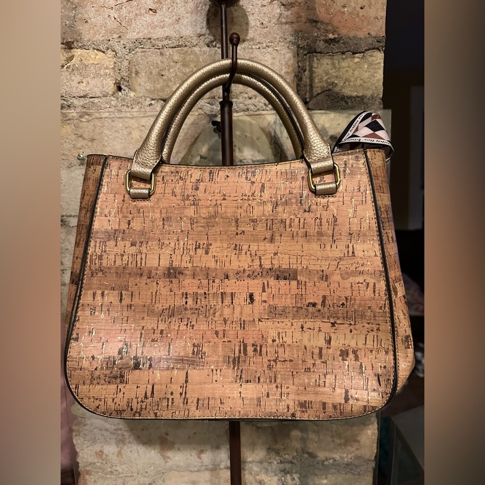ANNE KLEIN Metallic Cork Lacey Satchel Hand Bag Faux Leather Gold. - Picture 3 of 12